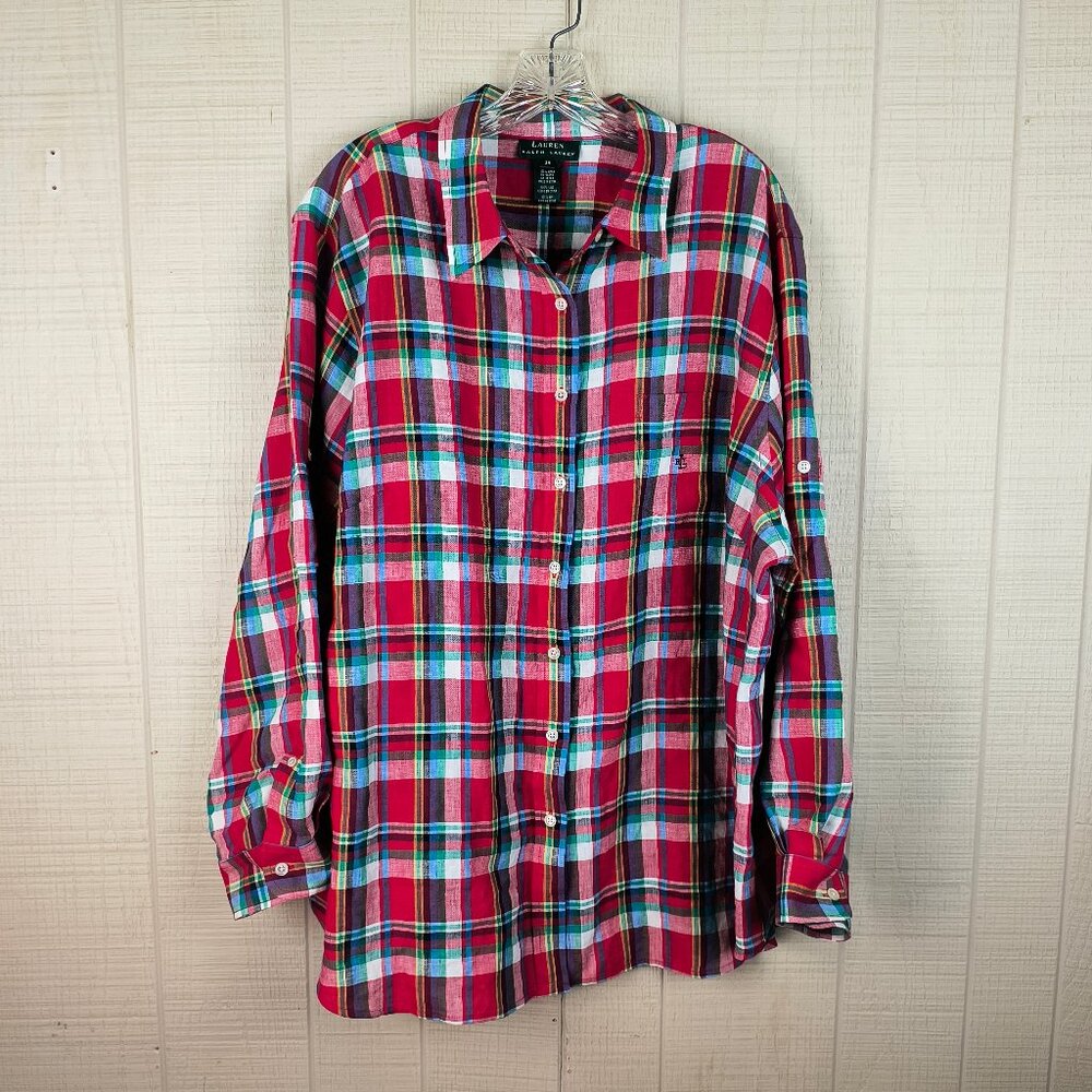 Lauren Ralph Lauren Linen Button Front Shirt Red Plaid Plus Size